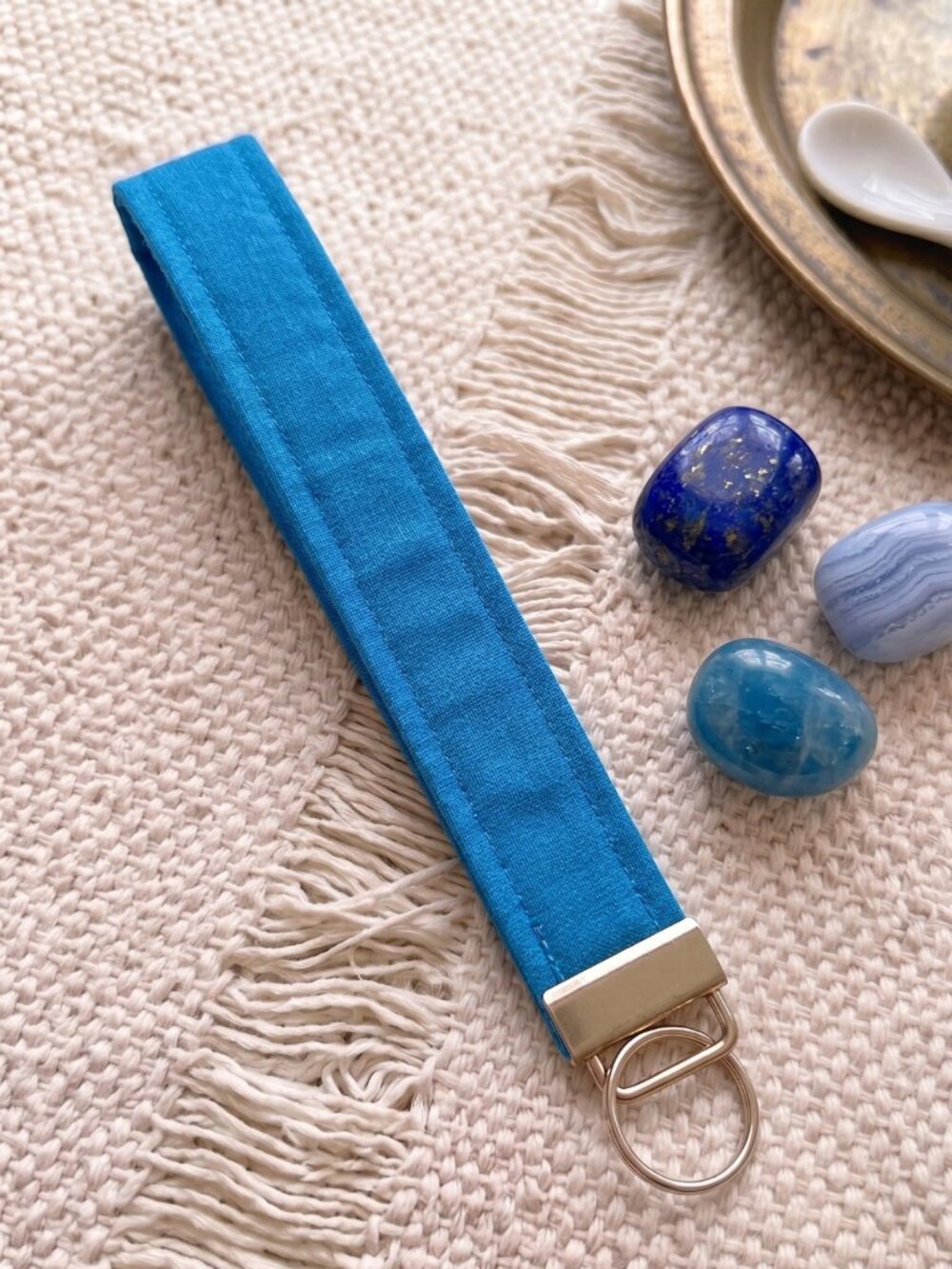 New Handmade Cerulean Ocean Blue Solid Fabric Key Fob Wristlet Keychain